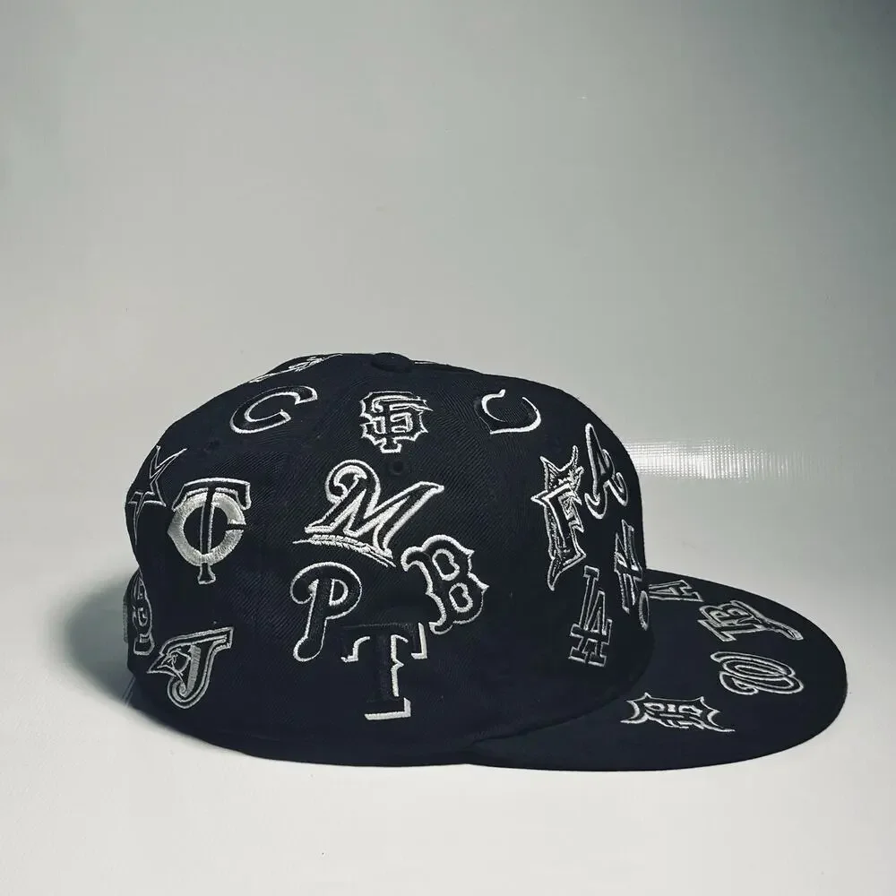 New Era 59FIFTY MLB All Over Team Logos Black Fitted Hat Size 7 1/4 58cm Cap